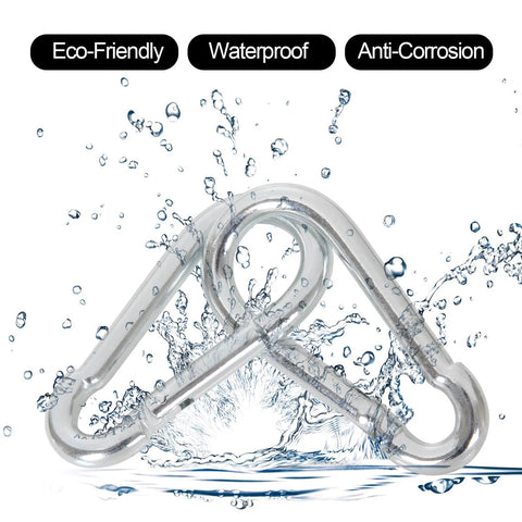 Sixty Pack Heavy Duty Galvanized Steel Carabiner Clips M8 Three And One Eighth Inch Spring Snap Hooks splashing in water
