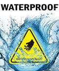 Waterproof sign with water splash effect showing a warning triangle symbol with a hand injury caution graphic.