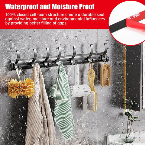 Bathroom hooks on wall with towels and brushes showing waterproof Heavy Duty Double Sided Tape Waterproof Foam Mounting Tape 36.5 Ft Long 0.4 Inch Wide