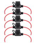 Waterproof Mini Inline Fuse Holder With 18 Gauge Wire 12 Inches Long IP65 Dust And Moisture Protection Road Trip Ready For Small Blade Fuses In Cars Boats RVs Tractors 5 Pack Fuses Not Included showing all five holders with red wires visible