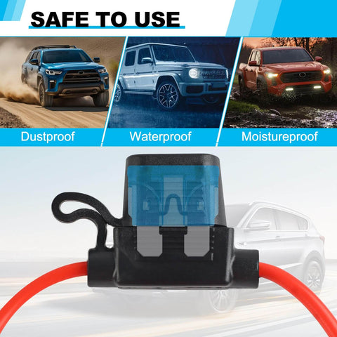 4 Pack 12AWG Inline Fuse Holders Waterproof Marine Grade Fuse Kit with 35 Standard Fuses showing dustproof and waterproof features