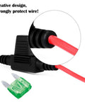 Close-up of IP65 Waterproof Inline Fuse Holder Kit with 16 AWG Wire, ATM Blade Fuse, black casing, 12-inch length