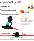 Waterproof Inline Fuse Holder Kit With 16 AWG Wire 12 Inch Length ATM Blade Fuse Compatible For Vehicle Boat RV Tractor 10 Pack IP65 Dustproof Seal Rugged Workhorse Build Tin Copper Conductors Fuses Not Included image showing close-up of wire and holder.