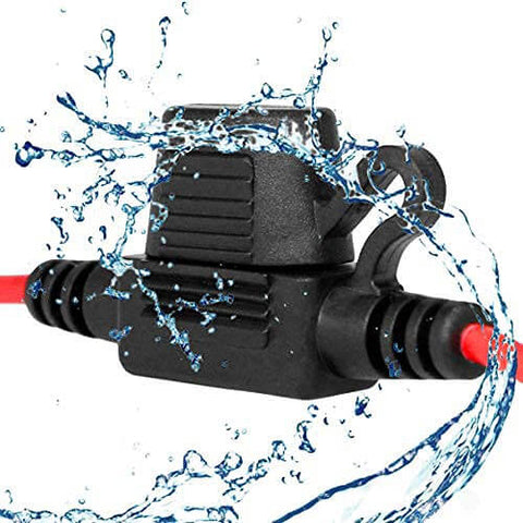 Waterproof Inline Fuse Holder Kit With 16 AWG Wire 12 Inch Length ATM Blade Fuse Compatible For Vehicle Boat RV Tractor 10 Pack IP65 Dustproof Seal Rugged Workhorse Build Tin Copper Conductors Fuses Not Included showing water splashing on black holder