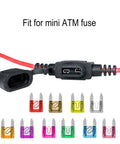 Waterproof Inline Fuse Holder Kit With 16 AWG Wire 12 Inch Length ATM Blade Fuse Compatible For Vehicle Boat RV Tractor 10 Pack IP65 Dustproof Seal Rugged Workhorse Build Tin Copper Conductors Fuses Not Included shown with colorful ATM blade fuses
