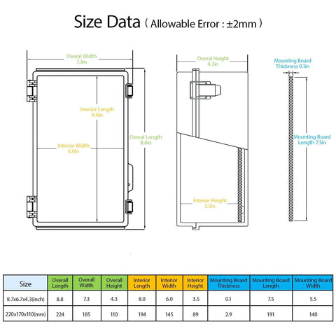 Diagram of IP67 Waterproof Electrical Junction Box With Hinged Clear Cover, Built Tough ABS Plastic Enclosure dimensions in inches