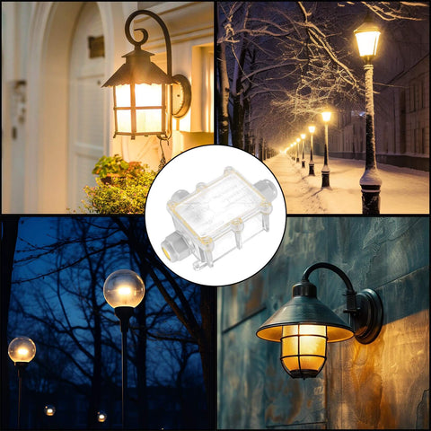 Outdoor Waterproof Junction Box 2 Pack Two Way Electrical Enclosure Transparent, shown installed in outdoor lighting settings