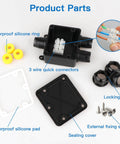 Product parts of IP68 Waterproof 3 Way Junction Box For Outdoor Use Built Tough And Weatherproof Black Underground Cable Connector Dustproof And UV Resistant Ideal For 5mm To 15mm Wire Glands 1 Pack Small Outdoor Ready And Hassle Free shown disassembled with connectors, silicone rings, locking nuts, and screws.