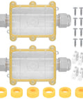 Outdoor Waterproof Junction Box 2 Pack Two Way Electrical Enclosure with transparent housing and accessories for 5mm to 15mm wires.