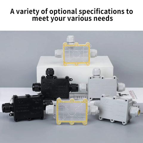 Outdoor Waterproof Junction Box 3 Way Electrical Box Clear External Underground Cable Connector For 5 To 9mm 9 To 12mm 12 To 15mm Wire Glands shown in different sizes and colors.