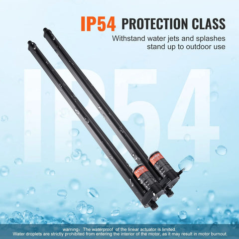 Two Pack 30 Inch Linear Actuator Kit With Wireless Remote, IP54 protected, for TV tables and sofas lifts, displayed on blue background.