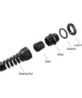 Exploded view of Waterproof M12 Cable Gland with Strain Relief Nylon Joint, seal, washer, locknut, for junction boxes and enclosures.