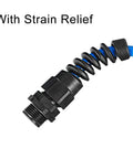 Waterproof M12 Cable Gland With Strain Relief Nylon Joint for 4.5 to 7.8 mm wire diameter shown with blue cable