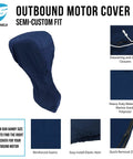 Waterproof Outboard Motor Cover For Boats Up To 76 Inches Wide And 65 Inches High May Fit 60 To 90 HP Engines Navy with drawstring and zipper