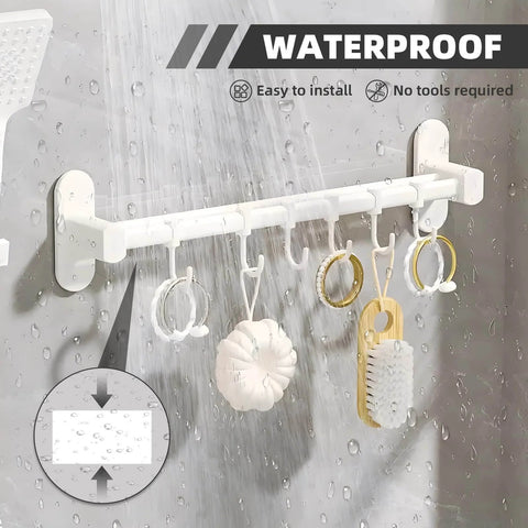 Waterproof shower hooks holding items; easy to install, no tools required.