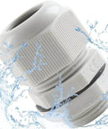 15 Pack IP68 Waterproof Cable Gland Kit Three Quarter Inch NPT Nylon Cable Glands With Adjustable Lock Nut Strain Relief Cord Connectors For Waterproof Junction Boxes Outdoor Equipment White shown with water splashes.