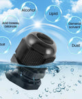 Waterproof Cable Gland One Half Inch NPT Adjustable Six To Twelve Millimeter Through Cord Grip Nylon Cable Gland Joints IP68 Rated Wire Protector built for rugged outdoor use on the job set of 20 in water showcasing protection against dust, salt, alcohol, lipid, and solvents.