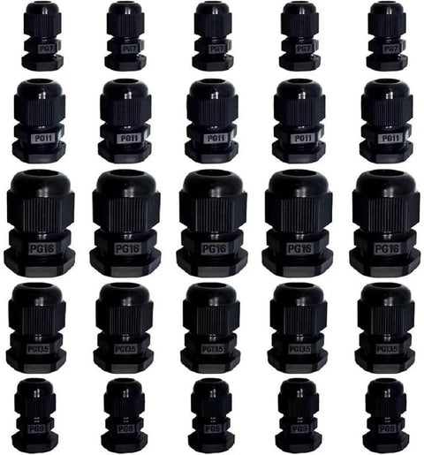 All In One 25 Pack Waterproof Nylon Cable Glands Kit Fits PG7 PG9 PG11 PG13.5 And PG16 Wire Seals For Outdoor Lighting Home