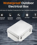 Outdoor Electrical Box IP67 Waterproof Junction Box with ABS plastic enclosure, hinged gray cover, ideal for weatherproof setups.
