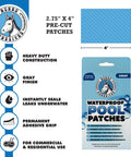 Waterproof Gray Pool Patch Kit 10 Pack Pro Grade PVC Vinyl Liner Repair Patches For Underwater And Dry Use In Commercial And Residential Pools 2.75 By 4 Inches packaging with gray patch visible