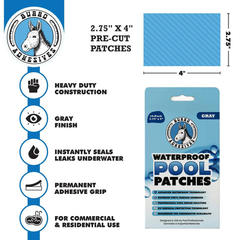 Waterproof Gray Pool Patch Kit 10 Pack Pro Grade PVC Vinyl Liner Repair Patches For Underwater And Dry Use In Commercial And Residential Pools 2.75 By 4 Inches packaging with gray patch visible