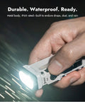 Close-up of a hand holding a rechargeable EDC flashlight delivering up to 1500 lumens with a warm RGB side light, USB C recharge.
