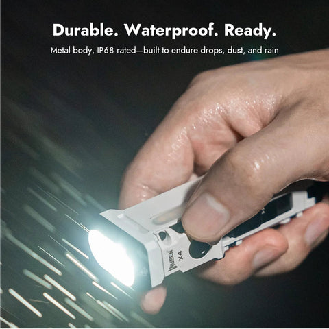 Close-up of a hand holding a rechargeable EDC flashlight delivering up to 1500 lumens with a warm RGB side light, USB C recharge.