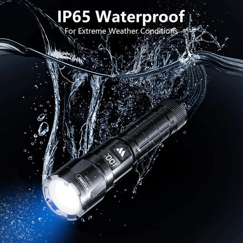 Two compact USB rechargeable LED flashlights deliver up to 6000 lumens with a zoomable beam and three modes, featuring an LCD power display, shown waterproof.