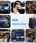 Collage showing 5 Pin Waterproof Relay Kit 40 30 Amp 12V SPDT Relay With Harness in automotive and marine applications.