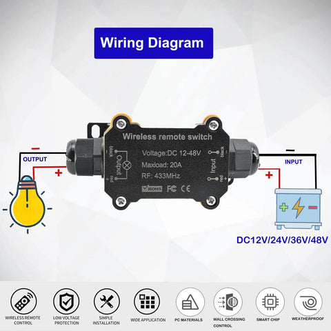 Heavy Duty Remote Control Switch For Lights Pumps And Fans 12 24 48V Waterproof Wireless 433MHz Transmitter Receiver Kit wiring diagram