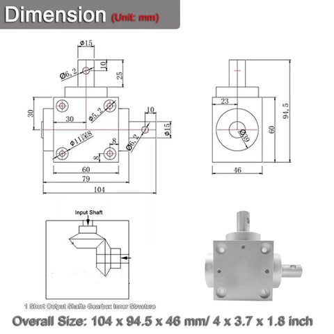 屋外プロジェクト向け防水型1対1直角ギアボックス（モジュール1.5、歯数20、90度駆動）dimensions 技術図面およびdimensions