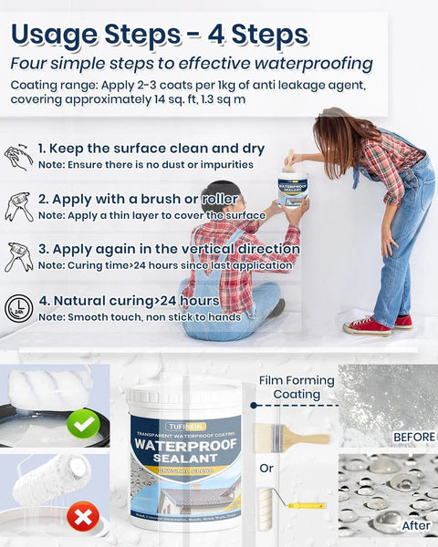 Instructions for applying Clear Waterproof Sealant Coating for Indoor And Outdoor Use 35oz on a surface with tools and results shown.