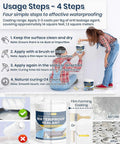 70Oz Clear Waterproof Sealant instructions with woman applying sealant on wall, product image and usage steps for indoor and outdoor surfaces.