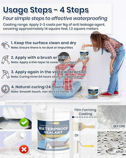70Oz Clear Waterproof Sealant instructions with woman applying sealant on wall, product image and usage steps for indoor and outdoor surfaces.