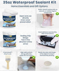 35oz Waterproof Sealant Kit showing containers, application on tile, and brush for indoor and outdoor use, emphasizing durability.