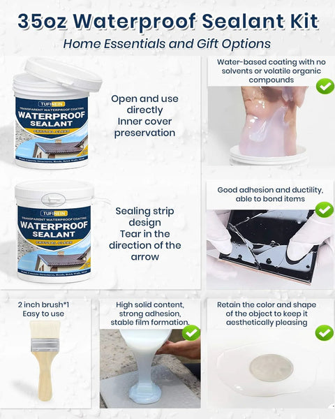 35oz Waterproof Sealant Kit showing containers, application on tile, and brush for indoor and outdoor use, emphasizing durability.