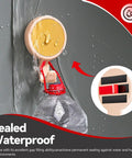Sealed waterproof tape securing a plastic bottle against a wet surface with waterproof symbol and cross-section view of tape layers.