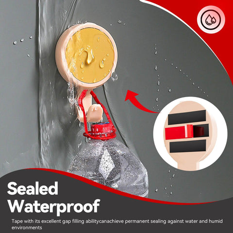 Sealed waterproof tape securing a plastic bottle against a wet surface with waterproof symbol and cross-section view of tape layers.