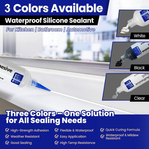 Three tubes of waterproof silicone sealant in white, black, and clear colors for kitchen, bathroom, and automotive use.