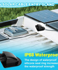 Waterproof ABS Dual Cable Entry Gland Box for Solar Panels on RV roof, black double cable protection, IP68 moisture resistant.