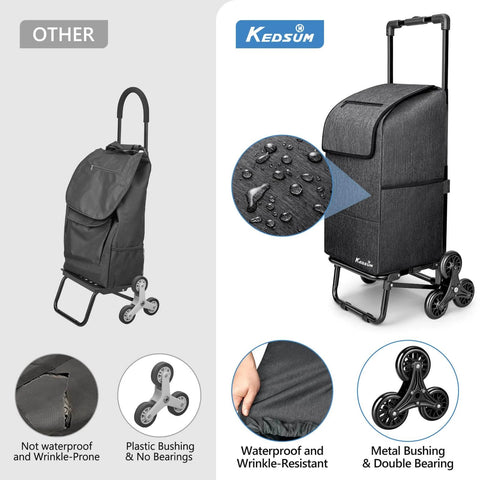 Comparison of black 2 in 1 Grocery Cart on Wheels for Stairs, highlighting waterproof material and durable wheels.