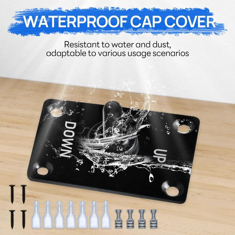 Waterproof cap cover for linear actuator showing 'Up' and 'Down' design, highlighting water resistance features on wooden surface with screws.