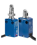 Waterproof Limit Switch With Wire XCMD2102L1 Molded Sealed Sensor, blue plastic casing, 2m cable shown in front and side view