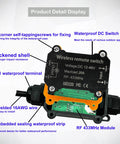 Close-up of Heavy Duty Remote Control Switch For Lights Pumps And Fans 12 24 48V Waterproof Wireless 433MHz with labeled features.