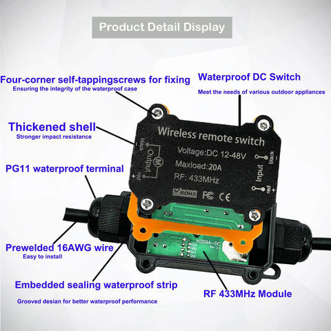 Close-up of Heavy Duty Remote Control Switch For Lights Pumps And Fans 12 24 48V Waterproof Wireless 433MHz with labeled features.
