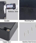 Interior view of Watertight Junction Box IP67 Electrical Enclosure Built Like A Tank showing thickness, mounting post, copper nuts, and screws.