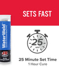 WaterWeld Epoxy Putty Stick 1 Hour Cure Underwater Repair Solution 2 Pack Off White 8277-2 packaging with set time