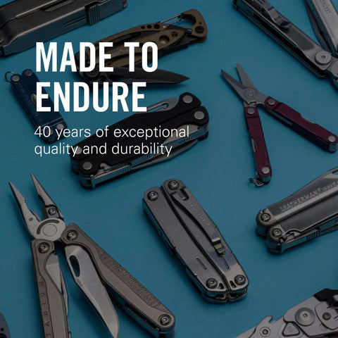 A variety of multi-tools on a blue background with the text 'Made to Endure, 40 years of exceptional quality and durability.'