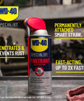 Fast rust relief penetrant with Smart Straw on workshop table.