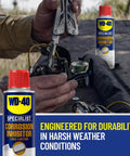 Person using multi-tool near WD-40 Specialist Corrosion Inhibitor, Long Lasting Anti Rust Spray For Metal Parts That Keeps Rust Away Indoors Up To Two Years And Outdoors Up To One Year 6.5 Oz, highlighting durability in harsh weather conditions.